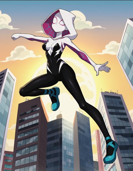 score_9, score_8_up, score_7_up, BREAK
 (anime screencap:1.5), Spider-Gwen, Gwen Stacy, white and pink Spider suit, swinging through the city, skyscrapers and buildings around her, dynamic mid-air pose, vibrant and colorful sky, wind flowing through her hood and suit, 2d anime style, intricate details in her suit and the city, energetic and action-packed atmosphere, depth of field, volumetric lighting, high dynamic range, sense of motion and excitement