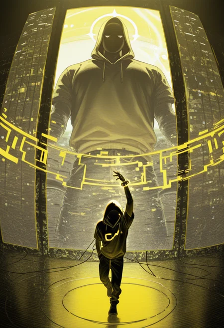 <lora:Layout1_IL:0.7> layout1, masterpiece, best quality, amazing quality, very aesthetic, absurdres, newest, lines, screen, glitch, huge speaker at the center, ring of neon light, sound wave, sound lines, masterpiece, best quality, pose, dynamic angle, dynamic shot, 1boy, solo, (mature:1.2), hood, short sleeve, hoodie, black face, poster art, abstract, collage, (random textures, glitch effect:1.2), yellow and black color palette, soft lighting, limited palette, (glitch:1.4), gltich background, male, 2.5D,  <lora:ChamIllustriousBackgroundEnhancer:1>