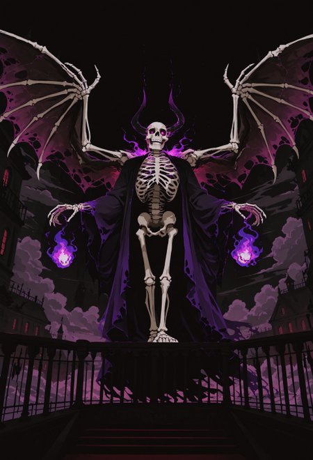 content_safe, safe_pos, score_9, score_8_up, score_7_up, 
High Quality, Solo
Male, Muscular male, Zombie Lich Overlord(skeleton face), large skeletal bat wings, Tattered robes, magical energy, flaming eyes, dark energy
standing on  the edge of a large balcony
Large imposing tower, evil architecture, high up in the clouds
Shot from behind, high shot, black background, blending, blocky, painterly, ICJournals