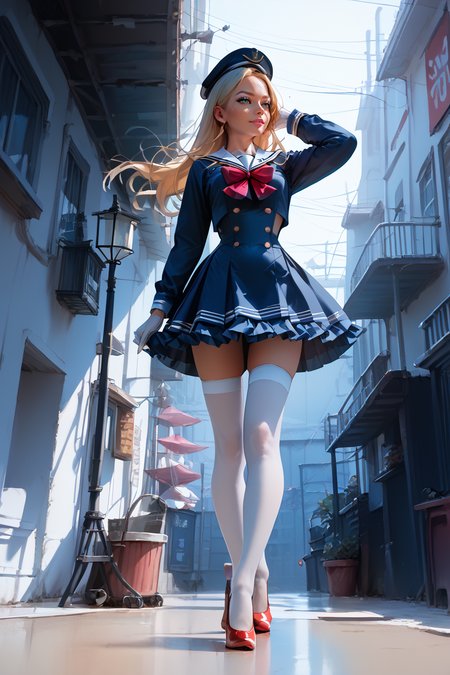 1woman, sexy, petite, skinny legs, long hair, blonde hair, <lora:Sailor:1> Jed-Salr, Navy Blue Mini Dress, White Trim,  White Sailor Collar,  Nautical Stripes,  White Thigh-High Stockings, Red Heels, Sailor Hat,  White Gloves, Sailor Cuffs, White Petticoat, walking on a coastline, viewer looking from below, upskirt,, score_9, score_8_up, score_7_up, score_6_up, score_5_up, score_4_up, <lora:K040790P:0.4> 040790P, woman, 24 years old, <lora:Breast Slider - Pony_alpha1.0_rank4_noxattn_last:1>, (tiny waist, flat stomach, narrow hips), <lora:Aesthetics_Enhancer_pony:0.8> EnhanceImage