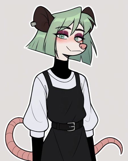 score_9_up, score_8_up, score_7_up, score_6_up, by remanedur, half-length portrait, small breasts, green hair, possum, black turtleneck, green eyes, eyeshadow, female, looking at viewer, tail, dress, blush, solo, ear piercing, short hair, smile, black footwear, belt, three-quarter view, head tilt, simple background, white outline, <lora:Leah_Pines(AIM)_XL_v1:0.15> <lora:PDXL_artist_tags_v2_big:0.5> <lora:The-Minuscule-Task_PDXL_v1.0:0.6> <lora:Nova_Nightingale_jopitr:0.75>