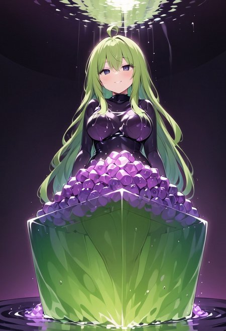 (masterpiece), (score_9, score_8_up, score_7_up,source_anime), 4K8K, best quality, high res image, illustration, Uncorrected, CG, 
(girl view from below. look-up angle:1.3), from side, 
1 woman sitting on a giant grape slime, pretty slime sex, (lot of grape cubes around woman), (hair over breasts, long hair, hair censor:1.4), twinkle grape cube, 
slime, slime like a grape, grape slime, see-through violet slime, 
BREAK
medium breasts, 
(gradient hair, green hair, very long hair, Bangs covered eyes, ahoge, hair over breasts, hair censor), 
(hair blind eyes, half opened eyes, jitome, smile), 
wearing tube top, cube, 
in orchard, fruit orchard, fruits trees,