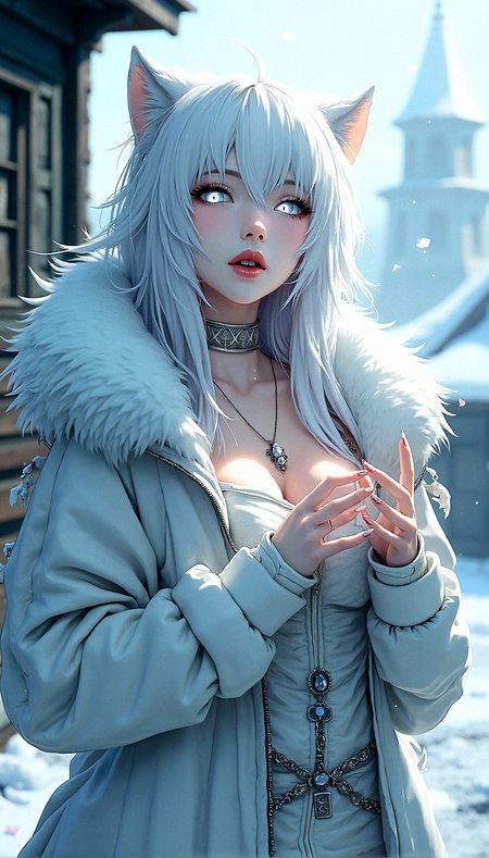 A stunning anime like figure of a voluptuous white haired woman, gothic fashion , large breast, alluring figure  with subtle glowing white eyes with slit pupils, moist pink lips, fangs, sharp long fingernails,  wearing a fluffy white wolf hooded jacket with long sleeves and her sleeves are past wrist,  wearing beautiful necklace, soft lighting, realistic and delicate facial features, fallen snowpetal,  photorealistic rendering. Natural light interplay on skin,Photorealistic shadow softness, Lifelike hair gloss , Photorealistic color grading, An abandoned watchtower, its structure groaning under the weight of the ice and snow.A cluster of old, weathered wooden cabins, their roofs and walls thick with snow and ice.She extends one arm upward, her gaze following it with an expression of longing or hope.
































