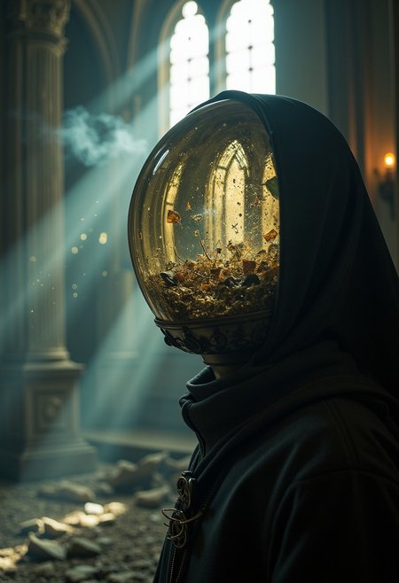 Photo in the style of ck-ncr, a cinematic close-up of a faceless goddess in a crumbling, gothic cathedral suspended in twilight. Her high-collared cloak is draped with ethereal, smoke-like tendrils that seem to defy gravity, fading into the dim light. The translucent shell of her head houses a network of delicate stained glass fragments, refracting hauntingly beautiful patterns of light and shadow onto the ancient stone walls. A faint choir of disembodied voices seems to emanate from her core, adding an auditory layer to the solemn, spiritual ambiance. Dust particles float in the shafts of light piercing through the shattered windows, framing her as a forgotten deity of endless knowledge and sorrow.