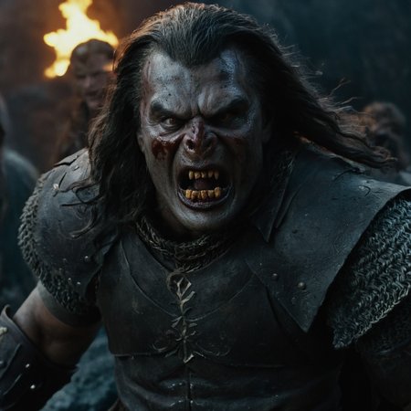 cinematic film still of  <lora:The Lord of the Rings style v2:1>
In a Fantasy Middle-earth world in the dark ages Lurtz Lawrence Makoare a statue of a orckman with a bloody face,orc,solo,long hair,looking at viewer,open mouth,1boy,standing,male focus,teeth,armor,scar,breastplate,horror (theme) , dramatic light, dramatic shadow light, film contrast, cinematic film color, cinematic film look, filmic, realistic, realism, perfection, perfect, movie still, fantasy drama, epic drama, fictional, Age of Wonders, Age of Empires, warriors,  Medieval style, middle ages, dungeons and dragons style, different people, different, unique, kingdoms and castles, violent, aggressive, detailed, perfection, detailed face, detailed body, detailed hands, detailed eyes, sharp, horror themed, dark themed, epic fantasy adventure film style, Legendary, mythical, The Lord of the Rings style, shallow depth of field, vignette, highly detailed, high budget, bokeh, cinemascope, moody, epic, gorgeous, film grain, grainy