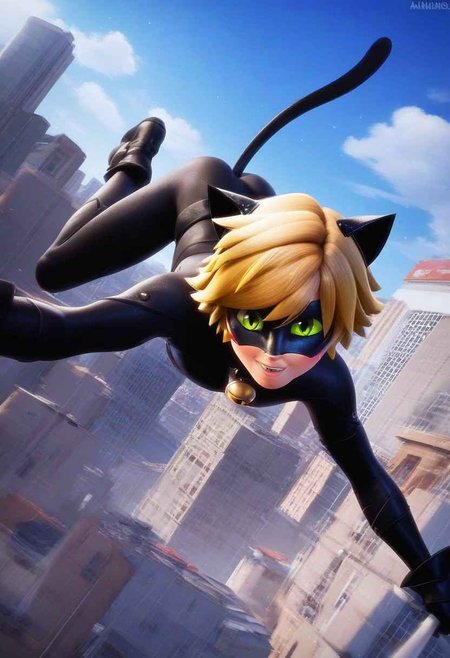 (score_9, score_8_up, score_7_up), looking at viewer, colored sclera, animal ears, tail, 1boy, catnnoir15_,  black bodysuit, mask, blonde hair, solo, outdoors, male, cat ears, smile, jump, fly, dynamic pose, dynamic angle, night time, city,  movement, motion blur, extreme perspective, super angle shot perspective, down view, upside down perspective