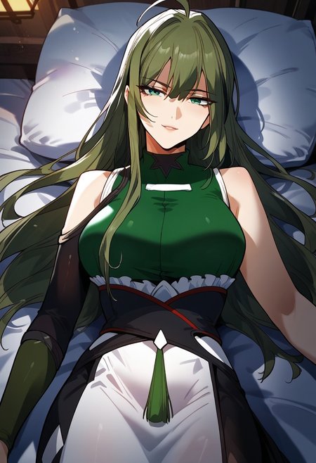 zPDXL3, score_9_up, score_8_up, score_7_up, (Anime_source), 1girl, TantaiLingYing, green eyes, green hair, long hair, Lingying clothes, cowboy shot,  large breast, lying on back, looking at viewer, seductive smile