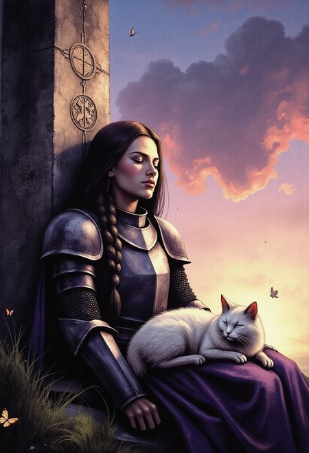 A serene and awe-inspiring high fantasy scene capturing a beautiful female knight peacefully asleep beneath the open sky. She leans gently against a towering runic obelisk, its ancient surface glowing faintly with magical sigils. Her armor glimmers with subtle reflections, polished but worn, her long braid draped across her shoulder, framing a soft, cute face touched by calm dreams. A magical, fluffy cat with shimmering white fur and deep blue eyes rests curled on her lap, purring quietly, exuding a gentle magical aura. Butterflies drift lazily through the grass around them, caught in soft beams of golden light. The sky above is a dreamy blend of lavender, pink, and blue, with delicate clouds drifting through. The atmosphere is quiet, enchanted—filled with stillness and bliss. The scene feels like a visual poem about peace, loyalty, and forgotten legends, rich with color, emotion, and story. Inspired by the romanticism and painterly depth of Luis Royo, Frank Frazetta, and John Howe. A breathtaking, hyper-detailed masterpiece full of warmth, balance, and heart.  mesmerizing, breathtaking, accurate