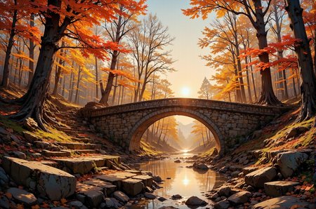 This photograph captures a serene autumn landscape dominated by a rustic stone bridge arching over a tranquil stream. The bridge, constructed from large, weathered stones, spans the width of the image, with a reflective water surface below it mirroring the warm, golden hues of the setting sun. The sun, partially obscured by the dense foliage of tall trees, casts a warm, amber glow across the scene, illuminating the vibrant autumn colors. The trees, mostly bare, display a mix of fiery reds, deep oranges, and golden yellows, with a few leaves clinging to their branches. The ground is covered with a layer of fallen leaves, adding to the rich tapestry of colors.
On either side of the stream, the banks are lined with smooth, dark rocks, adding texture to the scene. The sky is clear, allowing the sunlight to penetrate through the trees, creating a dappled effect on the ground and water. The overall mood of the image is peaceful and contemplative, capturing the essence of a crisp autumn day. The photograph emphasizes the interplay of light and shadow, color and texture, creating a harmonious and picturesque scene.
 <lora:DarksunRIDDV3:0.5> <lora:flux_hyperkraximalism-balanced:0.5> <lora:Midjourney_-_SemiReal_Dreams_FLUX_LoRA:0.5> <lora:CPA:0.5> <lora:Anime_realistic_v2:0.5> Realistic anime style <lora:BLUE_mk4_angel_FLUX_01:0.5>