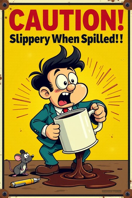 "Visualize a brightly colored vintage safety sign featuring a wide-eyed cartoon character, a frazzled-looking office worker with wild hair, precariously balancing an overflowing, steaming mug of coffee. The sign reads in bold, slightly distressed red lettering: 'CAUTION! Slippery When Spilled!' Below, a cartoonish puddle of dark brown liquid is depicted with radiating heat lines. The background is a cheerful yellow with a thick black border. The cartoon style should evoke the charm of mid-20th-century animation, with bold black outlines, simple shading, and expressive, slightly exaggerated features. Include small details like a dropped pen and a startled mouse witnessing the near-disaster. 8k resolution, vintage cartoon style, bright and attention-grabbing, emphasizing the potential hazard of spilled coffee."  <lora:REMEs_War_Poster_Style:0.95> In REME's War Poster Style,âââ