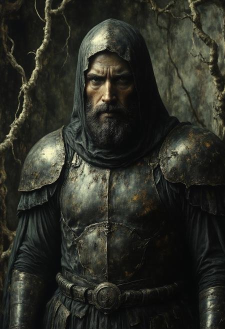 A seasoned warrior clad in dark, tattered armor with elements of moss and vines growing on it, standing resolutely in a dimly lit forest, their face hardened and scarred, eyes reflecting a lifetime of battles, grim and gritty., 
in the style of decaying animatronic, claymation, VHS screen grab, grainy, old footage, in the style of an old 80's VHS dark fantasy, VHS screen grab, grainy, old footage