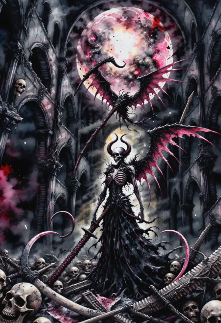 unconventional painting of an undead angel wielding a huge scythe, dark iron halo, standing amidst the rubble of a cathedral ruin made of bones, chromatic luminescent miasma floating through sky ominously, impasto, watercolor, ink splashes, sinister atmosphere, red-pink, high contrast, masterpiece <lora:dmd2_sdxl_4step_lora> <lora:xl_AnimeSythenticV1.1>
