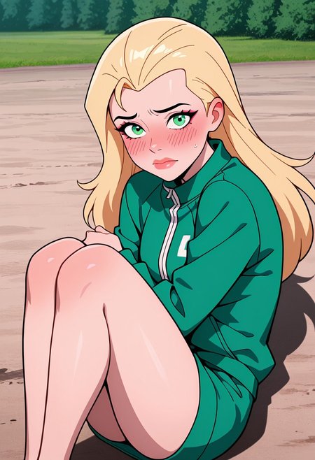 masterpiece, best quality, amazing quality, very aesthetic, absurdres, newest, ((parody, cartoon, screencap))
eunice, 1girl, long hair, blonde hair, green eyes, lips, , makeup, 
green jacket,, covering body, fetal position, legs together,  embarrassed, looking at viewer, outdoors