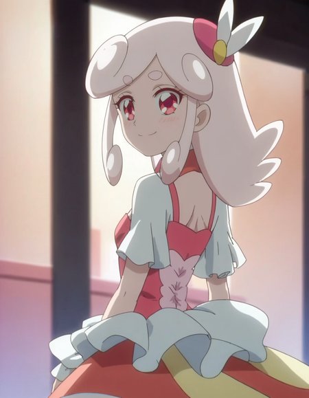 score_9, score_8_up, score_7_up, anime screencap, solo,1girl,kaguyahp, kaguyahp, smile,  dress, hair ornament, looking at viewer, jewelry,cowboy shot,small breasts,smile,blush,from behind<lora:kaguyahp_pony:0.8>