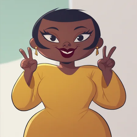 score_9_up, score_8_up, BREAK, ChristineBluestone, 1girl, solo, black hair, short hair, black eyes, dark skin, lipstick, earrings, yellow dress, cowboy shot,  <lora:ChristineBluestone_PXL_Leaf1:1>, looking at viewer, double v,