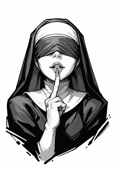PonyXLV6_Scores BREAK EnD_Irreverant_Nuns, 1girl, solo, simple background, white background, monochrome, upper body, greyscale, fingernails, facing viewer, finger to mouth, long fingernails, sharp fingernails, nun, habit, covered eyes, shushing, hatching (texture) <lora:Irreverent_Nuns:1>