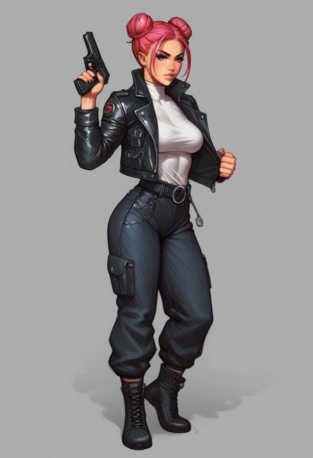 assassin style, a ((Cyborg Samurai assassin)) wearing a high collar motorcycle jacket with japanese katana on the back, fight stance, fists up, Split, solo, shoulders implementations of wires and nano Future Tech, black colorful bun, reating a Synthwave sunrise scene with bleaked dark colorful Neon and black details,
((full-clothed)), ((long big pistol in hands, handgun in hands:1.1))
BREAK 
strange world background score_9, score_8_up, score_7_up, score_6_up, source_cartoon, rating_explicit, Expressiveh, (((((full body))))), dynamic pose