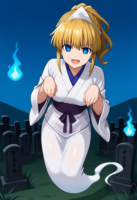 1girl, solo, uujessica, blonde hair, ponytail, blue eyes,  shadowed eyes, shaded eyes, serious, open mouth, evil smile,  yurei, Japanese clothes, tombstone, white Japanese dress, triangular headpiece, solo, hitodama, ghost, graveyard, outdoors, nolegs, blue fireballs, Yurei