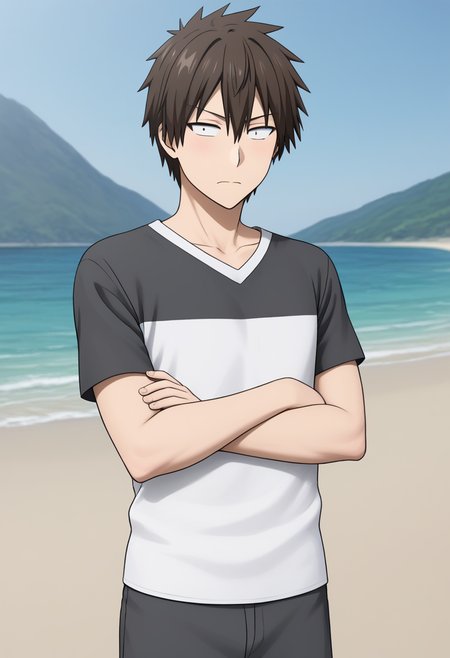 masterpiece,best quality,amazing quality,sakurai shin'ichi,crossed arms,solo,1boy,male focus,closed mouth,black and white t-shirt,two-tone shirt,sanpaku,outdoors,<lora:shinichi_sakurai_V2-3-000010:0.8>,
