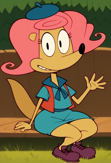 score_9,score_8_up,score_7_up, score_6_up, Score_5_up, Expressiveh, perfect eyes, (detailed face and eyes:1), source_cartoon, looking at viewer, perfect teeths, 1 girl, solo, furry, Colored, puffy nipples, Venus body, small stature, thick thighs, narrow waist, perfect eyes, head on, front pose, full body, clothes, dressed, open eyes, smile, sitting, sitting on a bench, waving with the hand
BREAK: in a forest, sunny, clouds, yellow grass
BREAK 1girl, solo, furry, Patsy_CL, tail, black eyes, bright pink hair,  blue green beret, blue green dress, red vest, dark purple shoes, cute