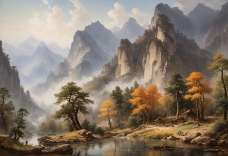 Albert Bierstadt, Rocky Mountains
 (Chinese landscape painting), (ink and watercolor painting), (8k wallpaper), (Light and Shadow Effect), rendering by octane, White balance design, Extremely detailed image representation, Wide angles, depth of fields, masterpiece, realistic, beautifully portrayed, a detailed, accurate, Masterpieces, masterpiece 