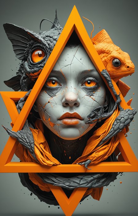 photography in the style of detailed hyperrealism ,cinematic composition,a black and neon orange cherubim,Alberto Seveso,creature drawing a triangle in the style of fisheye effects, colorful moebius, studyplace, hdr,  photorealistic paintings, charcoal drawing, realistic sketched charcoal,expressive,hyper detailed,intricate,poster,artstation, <lora:add-detail-xl:1> <lora:MJ52:0.3>
