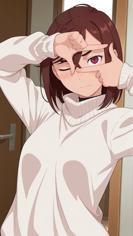 masterpiece,best quality,amazing quality, 1girl, solo, <lora:IlluDandaMomo:1> illudandamomo, brown hair, short hair, red eyes,  <lora:finger_frame_il_d16:1> finger frame, one eye closed, turtleneck sweater,