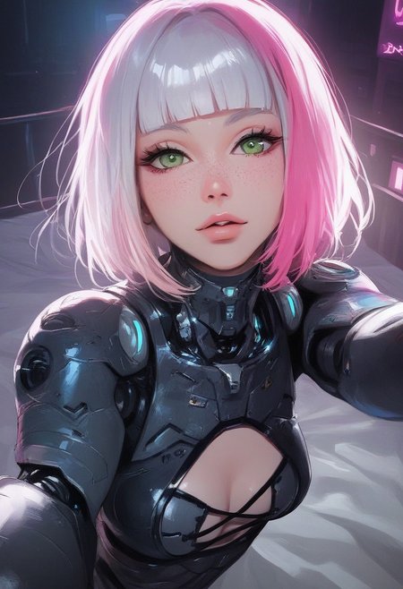 (score_9, score_8_up, score_7_up, score_6_up), sexy girl, semi realistic, cinematic lightings, volumetric lighting, raytracing, shining glossy skin, soft lighting, realistic skin, blum effect, masterpiece, absolutely eye-catching, concept art, realistic, mesmerizing patterned light, creating speckled shadows that add depth to the image
perfect face, high detail, 8k, (maximum resolution), (masterpiece), (extremely detailed), colorful,
1girl, pink hair, freckles, sexy body, (beautiful face:1.1), pretty face, cute face, bubble butt, perfect ass, silk lingerie, lying on bed, selfie, from above, potg
 long hair, looking at side, eyes focused on viewer, 1girl, standing, green eyes, female focus, very close-up on face,  portrait, intricate details,  white hair with fringe, bob cut, outdoors, neon lit street background, night, dynamic pose, grunge punk outfit, flat breasts, cyborg, armor, cyberpunk, robot joints, complex details, mechanical girl