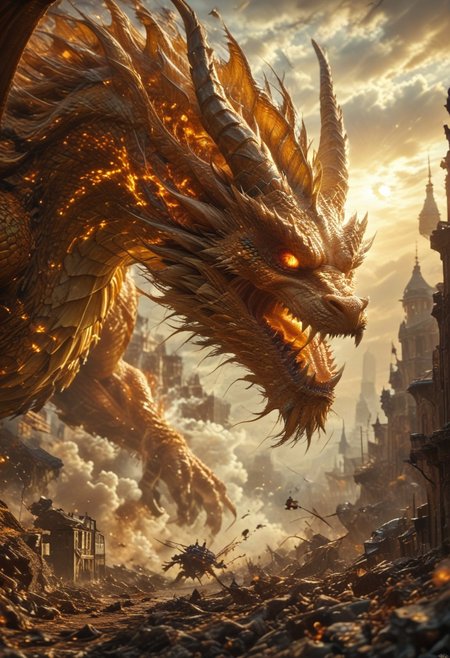 a massive flying in the sky, under the dragon there a massive city, golden dragon, sharp claw and teeth, beautiful eye, glowing golden scale, one scale is silver colored, its shadow falling down the city, bright sky,