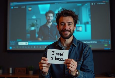 A man wants to edit videos, he just lacks a buzz
Holding a cash register with "I need a buzz" written on it, in the background a film called "AI videos we need a buzz" is being projected