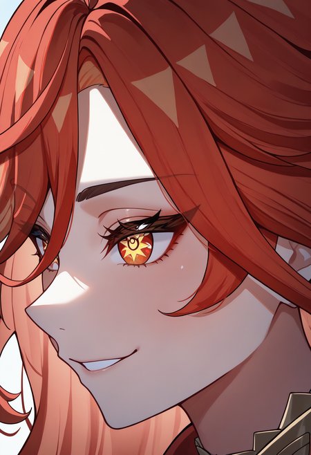 masterpiece, best quality, newest, absurdres, highres, 1girl, mavkdef, symbol-shaped pupils, red eyes, red hair, long hair, ahoge, <lora:Mavuika_illusXLNoobAI_Incrs_v2-000009:1>, close-up, smile,