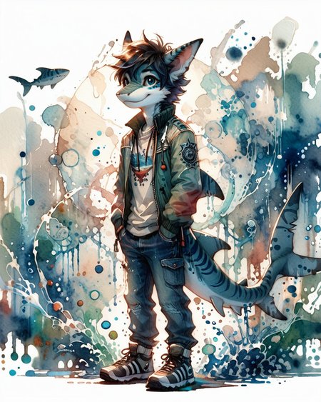 score_9, score_8_up, score_7_up, intricate details, rating_safe,
<lora:SoftWatercolors:1>, SoftWaterColor, 1boy(,
anthro furry, shark, 
full body, looking at the viewer, solo, friendly expression), detailed background, depth of field, subsurface scattering, 
<lora:ral-chrosc-clr:0.3>, ral-chrosc-clr,
<lora:xl_more_art-full_v1:0.3>,
<lora:add-detail-xl:0.3>