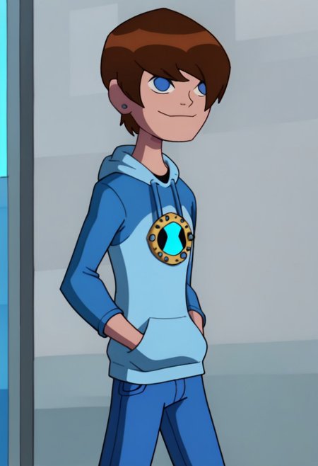 Ben23,1boy,solo,brown hair,short hair,blue eyes,,blue hoodie,hands in pockets,smile