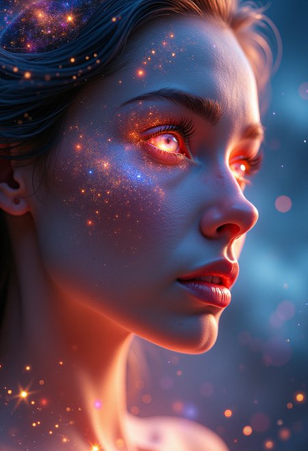 a close-up shot of an ethereal star woman with eyes body and face glowing like galaxies, surrounded by swirling, vibrant cosmic colors, vibrant star planet,  ultra-detailed and photorealistic rendering, soft ambient lighting, starry nebulae in the background, dynamic and radiant color gradients, glowing reflections, cinematic composition, surreal and otherworldly atmosphere, intricate facial features, flowing hair infused with cosmic energy, luminous and ethereal, celestial radiance, soft yet detailed textures, otherworldly beauty

both eyes shine bright like a sun, 


