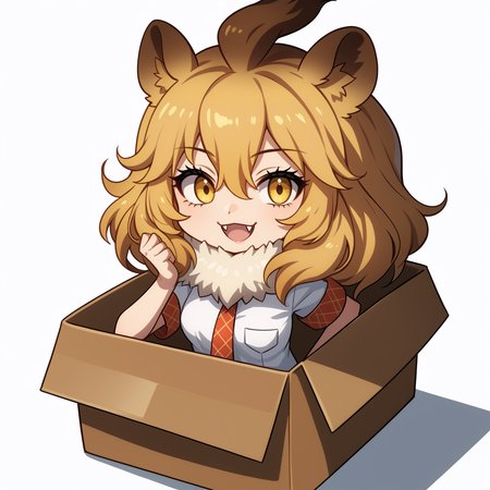 score_9, score_8_up, score_7_up, source_anime, <break> simple background, white background, b0xe, in box, chibi, cardboard box, solo, 1girl, kfli0n, lion tail, fangs, smile, open mouth, looking at you, long hair, multicolored hair, blonde hair, big hair, animal ears, yellow eyes, fur collar, white shirt, breast pocket, red necktie, plaid necktie, short sleeves
<segment:yolo-face_yolov8m.pt,0.4,0.5//cid=1>