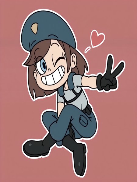 SvtfoeJill,1girl,solo, happy, teeth, blue eyes,brown hair,gloves,hat,blue headwear,uniform,boots,black gloves,pants,police uniform,black footwear,shirt,cute, sitting, crossed legs, open mouth, :d, grin, looking at viewer, heart, petite, v, winking,((Pink background , White frame, white outline))