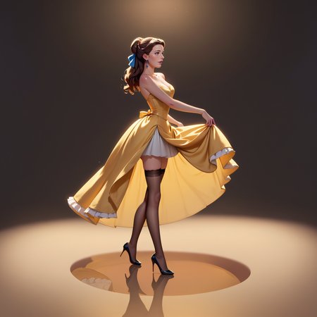 score_9, score_8_up, score_7_up, score_6_up, score_5_up, score_4_up, 1girl, solo, Belle, evening gown, stockings, high heels, jewellery, short skirt, victorian attire, legs, thighs, knees, ankles, dancing, on reflective floor, side view, dark background, ball room, <lora:Belle_Beauty_and_the_Beast_for_PONY_V3_by_Foxie_Queen:0.7>
