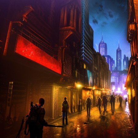 RAW photo, (masterpiece:1.3), subsurface scattering, heavy shadow, (high quality:1.4), (intricate, high detail:1.2), professional photography, HDR, High Dynamic Range, realistic, ultra realistic, photorealistic, high resolution, ambient lighting, atmospheric effects, OverallDetail, alley, building, city, hood, lamppost, multiple boys, multiple girls, neon lights, night, nightcity, outdoors, people, road, scenery, science fiction, sign, sky, skyscraper, solo, street, sunlight, weapon, epiCPhoto