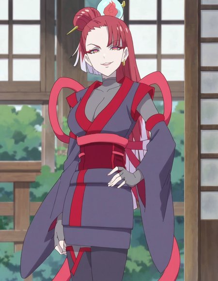 score_9, score_8_up, score_7_up, anime screencap, solo,1girl, japanese clothes,hair bun,long hair,hair stick, red hair, looking at viewer, hair ornament, fingerless gloves, kimono, standing,  earrings, jewelry, multicolored hair, red eyes,  smile,cowboy shot,large breasts, cleavage,<lora:zakuro:0.8>