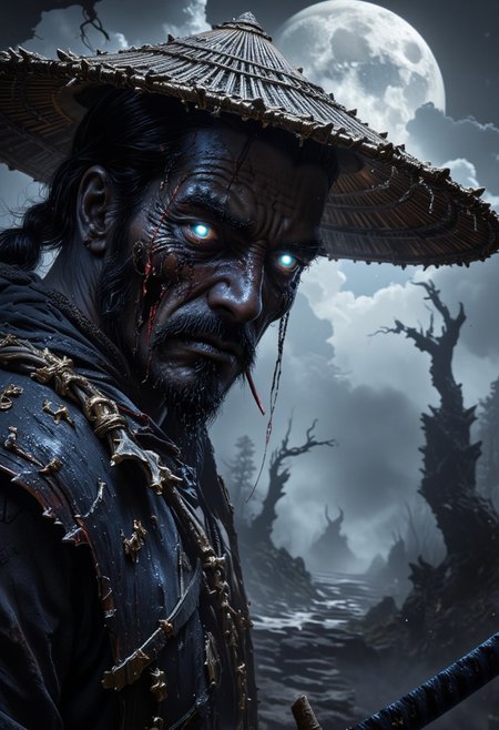 A close-up of a ronin samurai dominates the frame. His wide, straw hat casts most of his face in shadow, revealing only a glowing, electric-blue eye. A sly smirk plays on his lips, with a long straw dangling from his mouth. His hand rests casually on an unsheathed katana laid across his shoulder. The misty, eerie forest surrounds him—leafless trees with twisted branches stretch into the fog. Behind him, a cold, moonlit path winds into the distance, and frost clings to the branches. His face bears a deep scar, adding to the chill of the scene.