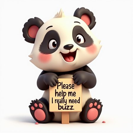 A charming 3D cartoon panda with a playful facial expression on a white background holes in its paws a sign with the inscription Please help me I really need buzzz. A young panda in a color scheme. Vector illustration