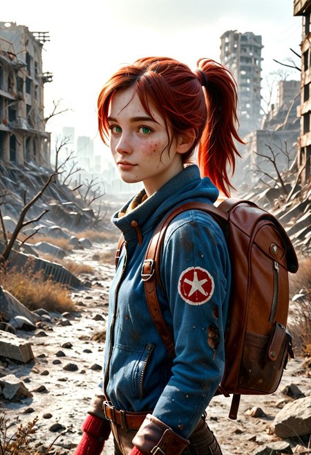 1girl, Masterpiece, 8k, ultra high detail, score_7 up, 
volumetric lighting, vivid colors, vibrant colors,  score_8_up, score_9,  small breast size, sporty red ponytail hair,  fcNeg, stunning green eyes, freckles, white skin, small nose, innocent beauty, slim face,  cute face, skinny body, perfect body, extreme detailed body, intence green eyes,  perfect face, ultra high detailed face, perfect eyes, petite, 
Cold, red dust everywhere, Wandering through ruins, 
Wasteland Tribal_Leather_Parka, fur lined, mittens, hood over head,  wasteland clothes, torn and used clothe, 
Dirty, dirty face, dirty skin, backpack filled with stuff,
  simple_big_brown_leather_backpack_full_with_stuff, 
Post Apocalyptic, big city Wasteland, skyscraper ruins,