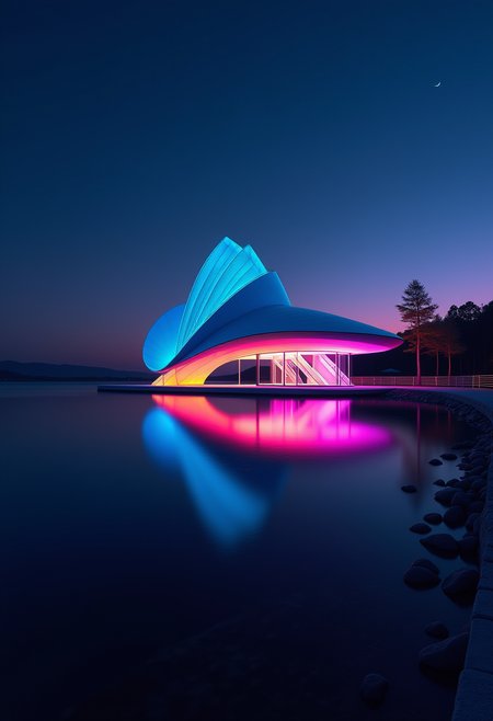As the clear night gently envelops the tranquil landscape, an architectural jewel of profound mystery emerges from the depths of twilight. Crafted with impeccable precision, this masterpiece plays elegantly with contrasts as it glistens in the semi-darkness. Its slender silhouette, illuminated by ethereal neon tones, is reflected mesmerizingly on the dark horizon. Fine lines of dancing light trace its sinuous contours, blurring the boundaries between illusion and reality. With each delicate hue, the color swirls like an interwoven tapestry of dreamlike mysticism and unwavering artistic allure, inviting the viewer into an ethereal realm beyond imagination.  ,<lora:flux/we-neon.safetensors:0.6:1.0>