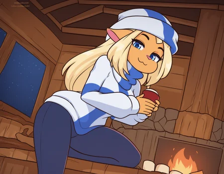 (artist: merunyaa:1), (artist: twistedscarlett60:1), (artist: maidcousin:1), (artist: shaggy susu:1),
masterpiece, best quality, newest, absurdres, highres, detailed background,
detailed background, night time, indoors, fireplace, log cabin, 
1girl, solo, mimmisuomi,
blonde hair, long hair, sidelocks, medium breasts, blue eyes,
cowboy shot, standing on one leg, looking at viewer, :3, half-closed eyes, sweater, yoga pants, flag print, finnish flag, beanie, holding cup, hot chocolate, 
<lora:mimmi 2550 steps:1>