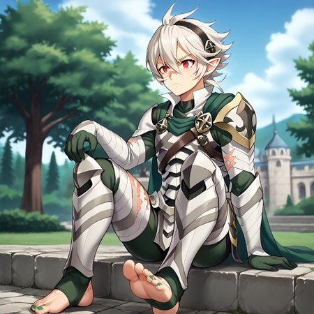masterpiece, best quality, sharp aliasing, highly detailed, 1male, male body, male,EPfeCorrin, dark green cape, armour, dark green gloves, black pants, wearing pants, outdoors, evening, stone ground, tree, bush, buildings, windy, barefoot, toeless legwear, armoured legwear, armoured arms, shin armour, leg armour, leg and shin armour, shin guards, stirrup legwear, dark green stirrups, 5 toes, Quality, High Definition, Full body view, solo, slimes_sanemi, scar, scars, scar on face, scar on chest, scar on forehead, white hair, muscular, red eyes, slit eyes, pointy ears, sitting, green sword, green toenails, dirty feet, side view, grumpy expression, sitting on ledge