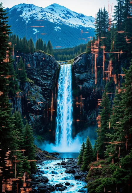Create a highly detailed, high-resolution image of an hologram projecting an breathtaking scene - a majestic waterfall in a pristine winter landscape. Evergreen trees surround both sides of the falls and the river below ,the water returning to it's serene state after the violent fall from above. Far beyond the waterfall,snow-capped mountains are visible through low clouds.
Vertical glitches where the hologram is failing are showing the circuits behind the image, fragments of neon blue and green circuitry and pulsing blue energy lines reveal themselves. These technological anomalies add an intriguing layer of depth and complexity to the otherwise breathtaking natural scenery.,<lora:flux.1_lora_flyway_Epic-detail_v2:0.8>,<lora:Glitchcore_Flux:1.4>,gl1tchc0re,glitch,glitched,glitched graphic,abstract glitch,glitch texture,<lora:bo-digitalabstract:1.2>,bo-digitalabstract, <lora:Glitch Style:0.8> glitch, flickering, digital, glitch style