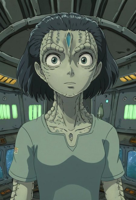 Studio Ghibli Style anime scene of an 18 year old female c4rd45514n alien, forehead crest, ridges, scales, grey skin, space station background, cleavage