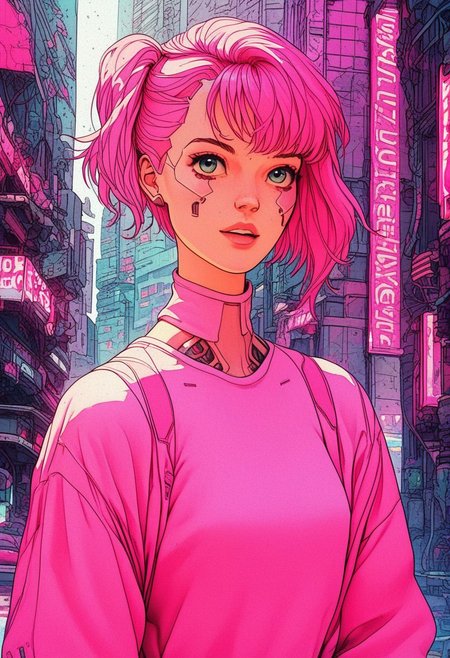 score_9, knva, 1girl, Barbie, pink clothing, pink city, cyberpunk,