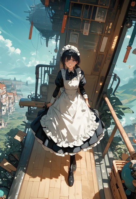 score_9, score_8_up, score_7_up, score_6_up, score_5_up, score_4_up, source_anime, 1girl, solo, 18yo, (slim face:1.5), (bangs:1.2), skinny, thin body, wide hips, thin thighs, full body, from above,
<lora:age_slider_v4:2> <lora:Expressive_H:1><lora:Kenva:0.8> <lora:naipf:0.6>
light smile, walking, looking at viewer, black hair, short hair, low ponytail, parted lips, maid cap, black long sleeve maid shirt, bow, (white apron:1.1), (black maid skirt:1.1), long skirt, (frilled apron:1.1), black footwear, (holding large old Travel trunk:1.4), sky world, scenery<lora:sky_world:1>