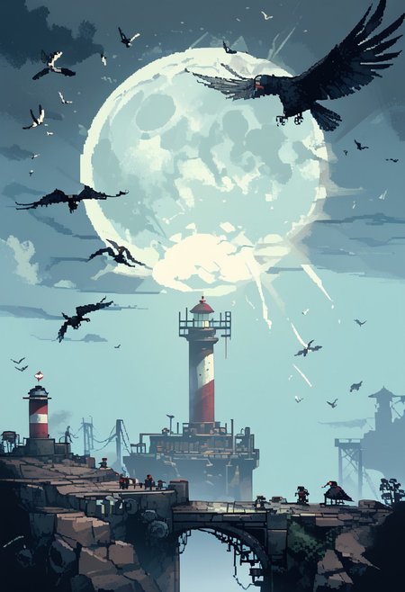 score_9, score_8_up, score_7_up, yamer_pixel_fusion, pixel art, 
(lighthouse:1.2)
god rays,
in the style of a vintage, high-contrast setting, dark and mysterious atmosphere, Resplendent spotlighting, Emphasize theatrical elements with bursts of bright colors against dark, moody backgrounds,
etro futuristic, atompunk, hyper-detailed, scifi, lofi, d3p1x3l, pixel art, a broken moon hangs in the sky, birds around it, scary birds